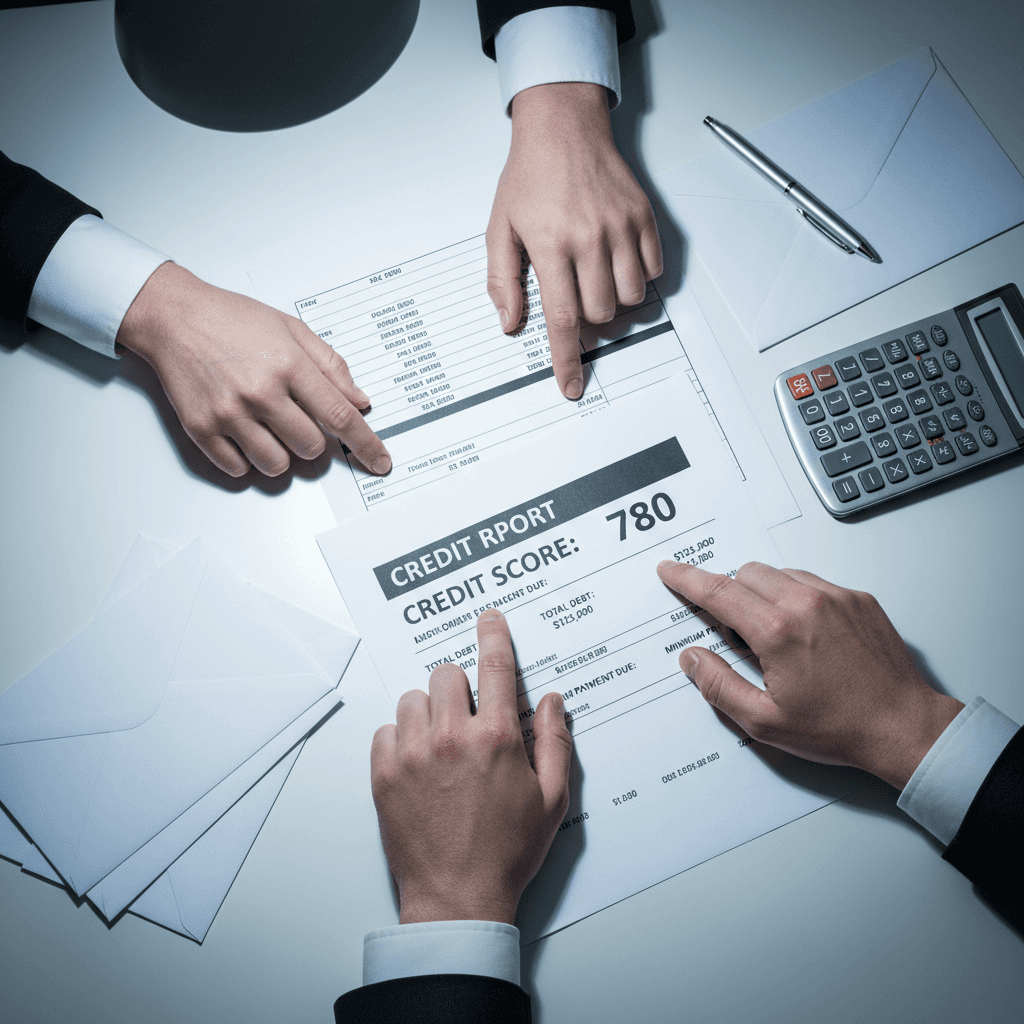 Hands reviewing a credit report with financial documents on a desk