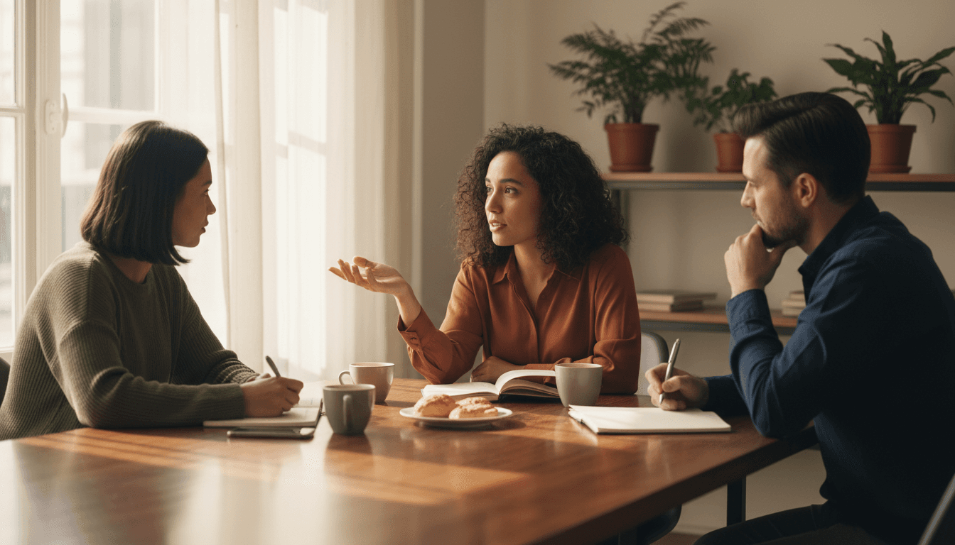 Group of entrepreneurs having a focused discussion around a table with notebooks and coffee