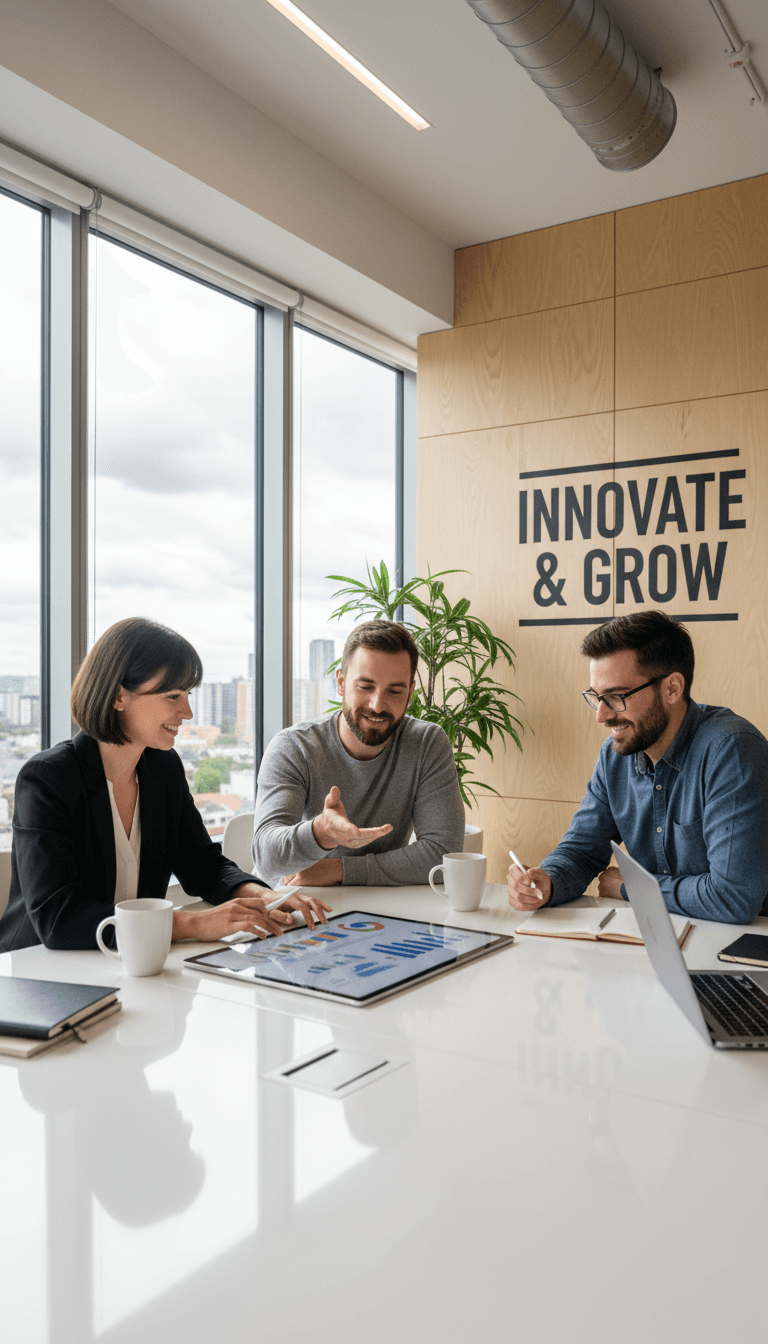 Entrepreneurs collaborating around a table in a modern bright workspace