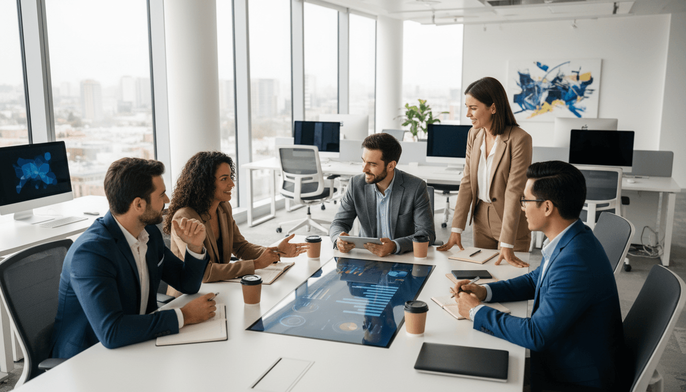 Entrepreneurs collaborating in a bright modern meeting space