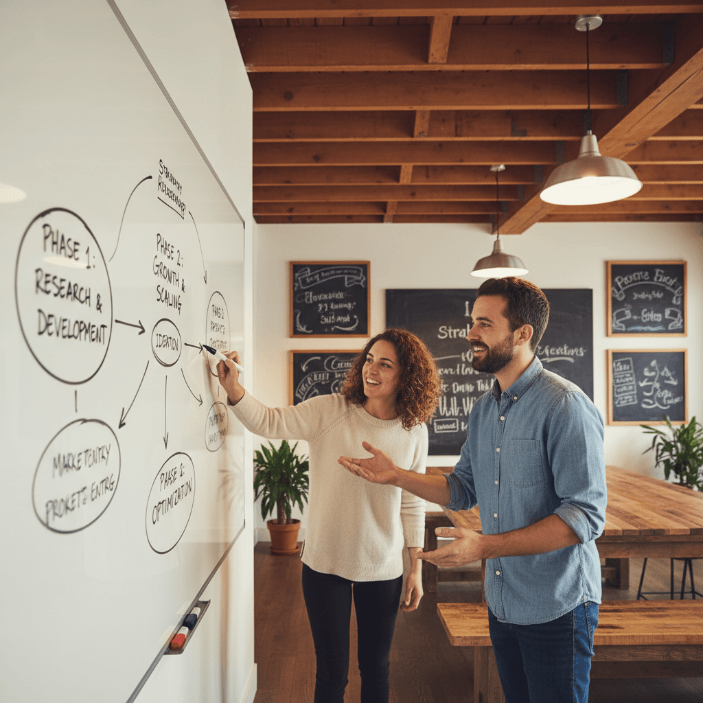 Founders mapping out a business strategy on a whiteboard together