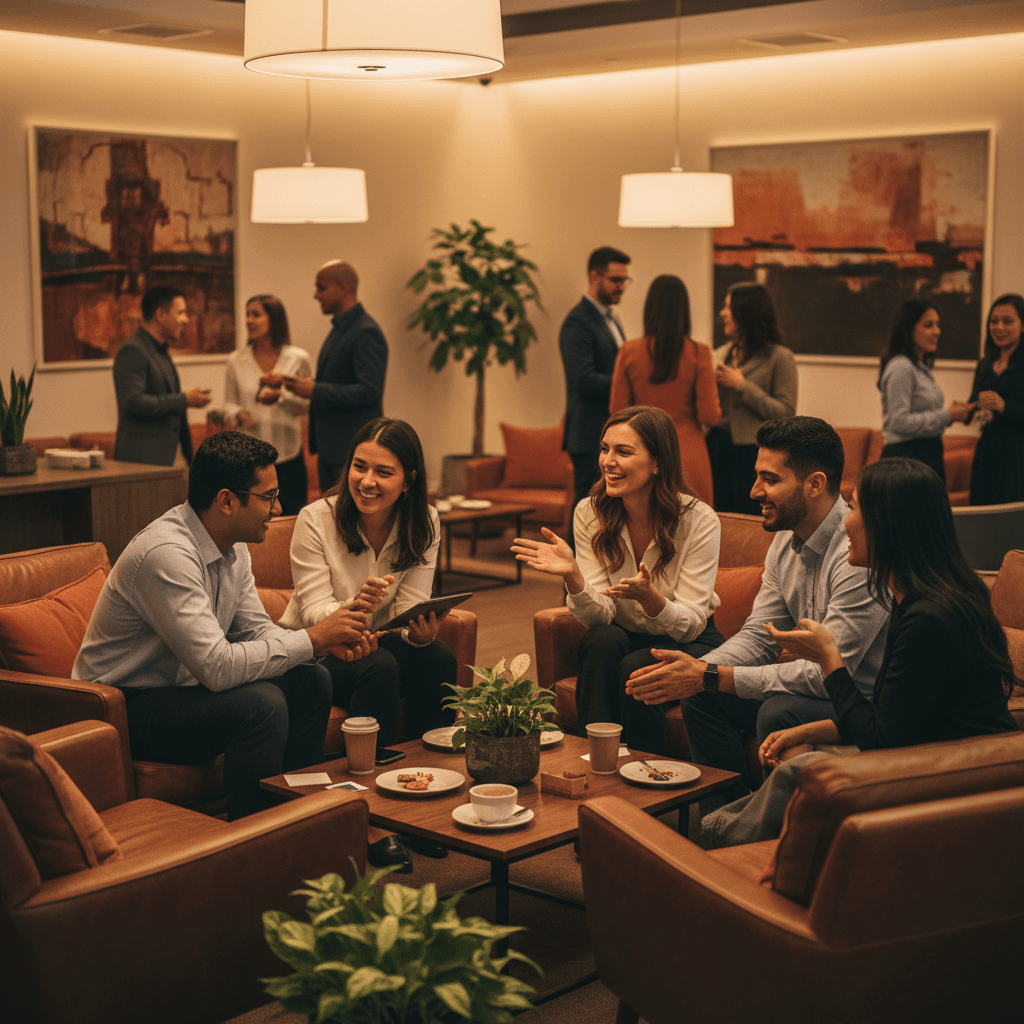 Entrepreneurs networking and exchanging ideas at a community event