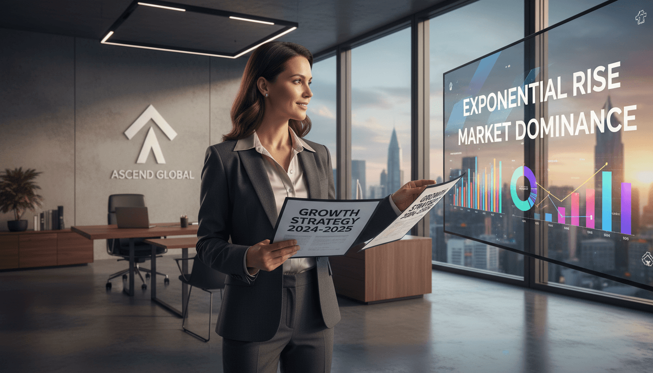 Confident entrepreneur in a modern office reviewing business growth documents