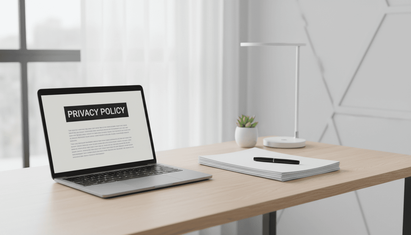 Modern minimal desk with laptop displaying a privacy policy document in a bright workspace