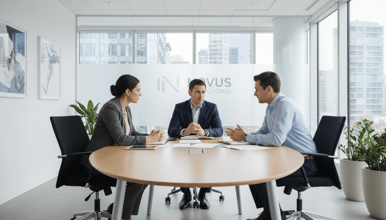 Entrepreneurs in a thoughtful discussion around a modern conference table