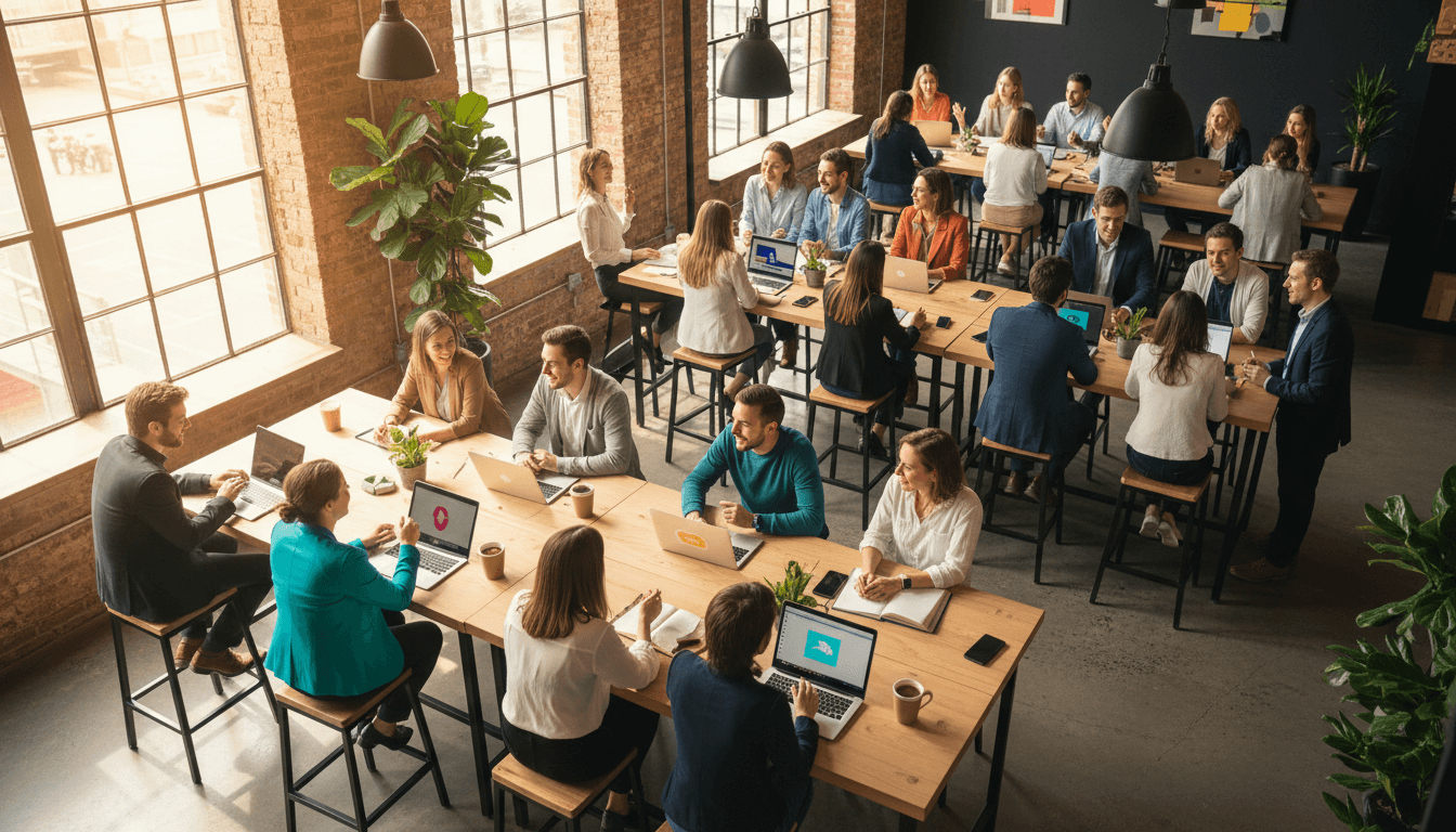 Group of entrepreneurs in a collaborative workspace discussion